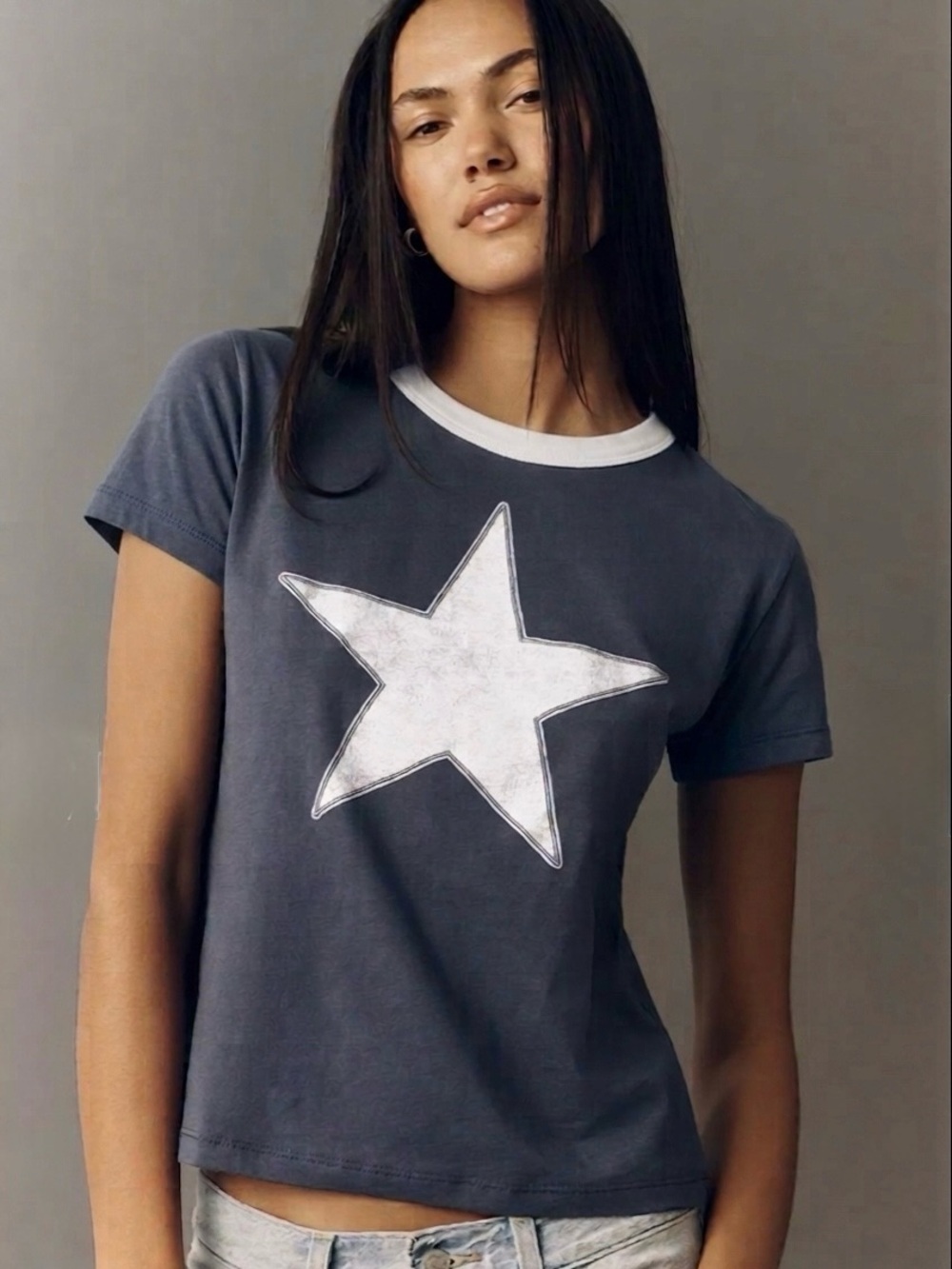 ⭐ Anthropologie Letluv Distressed Star Ringer Graphic Tee Navy XXS ⭐